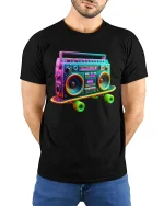 Retro Boombox Skateboard Art Tee for Music Fans T-Shirt - model wearing black tee with hands behind back