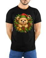 Cute Christmas Bear Wreath Graphic Tee Festive Holiday T-Shirt - model wearing black tee with hands behind back