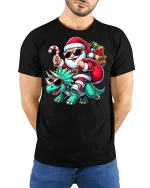 Cool Santa Riding Dinosaur Christmas Tee Funny Holiday T-Shirt - model wearing black tee with hands behind back
