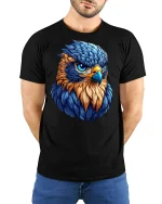 Fierce Blue Hawk Art Tee Bold Colorful Bird Graphic T-Shirt - model wearing black tee with hands behind back