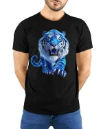 Blue Fierce Tiger Art Tee Powerful Wild Animal Graphic T-Shirt - model wearing black tee with hands behind back