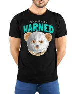 Funny Warned Bear Mask Graphic Tee Bold Attitude T-Shirt - model wearing black tee with hands behind back