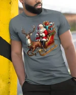 Santa Sleigh Christmas Reindeer Graphic Tee Festive Holiday Shirt - model wearing grey tee, leaning on column