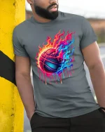 Neon Fire Basketball Art Tee Colorful Dripping Graphic T-Shirt - model wearing grey tee, leaning on column
