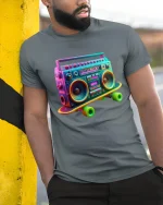 Retro Boombox Skateboard Art Tee for Music Fans T-Shirt - model wearing grey tee, leaning on column