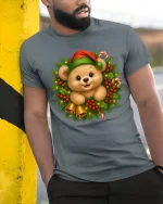 Cute Christmas Bear Wreath Graphic Tee Festive Holiday T-Shirt - model wearing grey tee, leaning on column