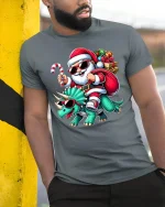 Cool Santa Riding Dinosaur Christmas Tee Funny Holiday T-Shirt - model wearing grey tee, leaning on column