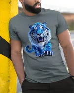 Blue Fierce Tiger Art Tee Powerful Wild Animal Graphic T-Shirt - model wearing grey tee, leaning on column