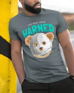 Funny Warned Bear Mask Graphic Tee Bold Attitude T-Shirt - model wearing grey tee, leaning on column