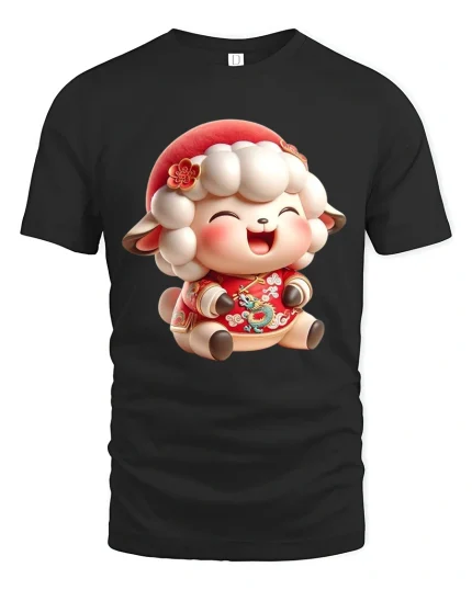 Cute Festive Lamb Graphic Tee Lucky Holiday Cartoon T-Shirt - black t-shirt on white background
