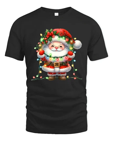 Cute Santa Christmas Lights Tee Adorable Holiday Graphic T-Shirt - black t-shirt on white background