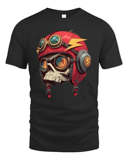 Skull Pilot Helmet Tee Cool Retro Aviator Graphic T-Shirt - black t-shirt on white background