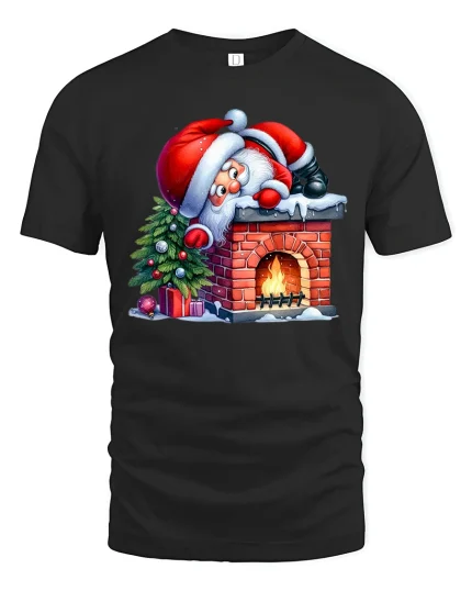 Funny Santa Chimney Tee Cute Christmas Fireplace T-Shirt Gift - black t-shirt on white background