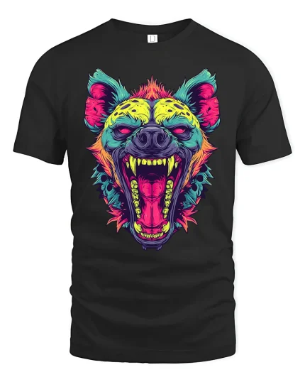 Neon Roaring Hyena Tee Wild Colorful Animal Art Tshirt - black t-shirt on white background