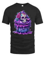 Sugar Skull Cupcake Tee Colorful Sweet Day of the Dead Tshirt - black t-shirt on white background