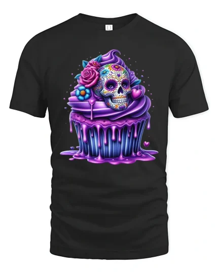 Sugar Skull Cupcake Tee Colorful Sweet Day of the Dead Tshirt - black t-shirt on white background