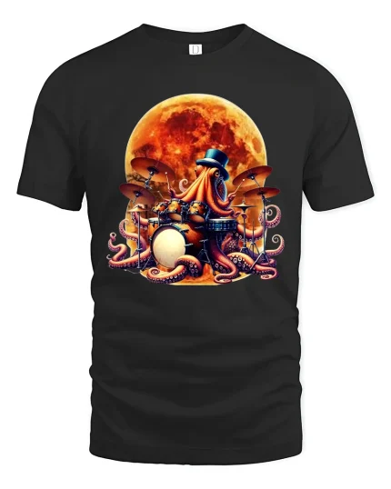 Octopus Drummer Tee Cool Moonlit Tentacle Drum Art Tshirt - black t-shirt on white background