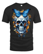 Blue Butterfly Skull Tee Floral Gothic Art Graphic Tshirt - black t-shirt on white background