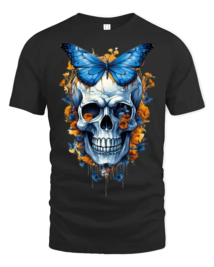 Blue Butterfly Skull Tee Floral Gothic Art Graphic Tshirt - black t-shirt on white background