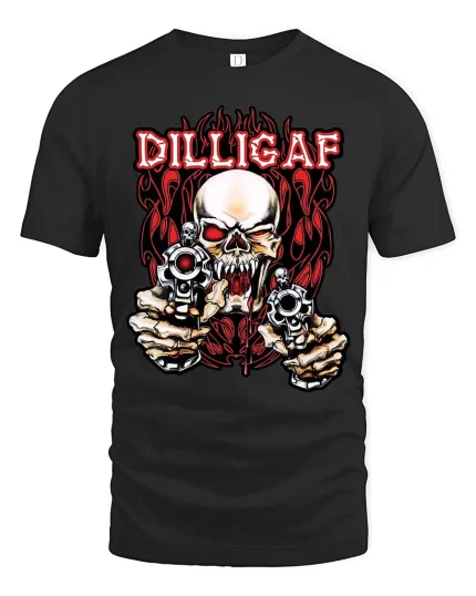 DILLIGAF Skull Tee Savage Guns Graphic Tshirt for Men - black t-shirt on white background