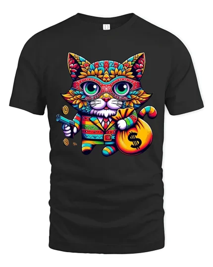 Gangster Money Cat Tee Colorful Cool Kitty Graphic Tshirt - black t-shirt on white background