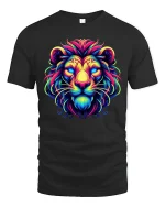 Neon Tribal Lion Tee Vibrant Colorful King of Jungle Tshirt - black t-shirt on white background