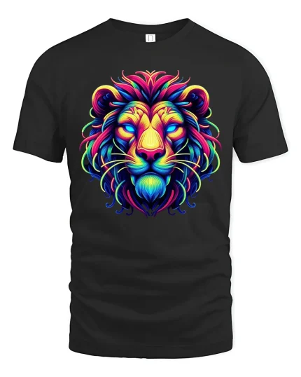 Neon Tribal Lion Tee Vibrant Colorful King of Jungle Tshirt - black t-shirt on white background