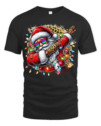Funny Dabbing Santa Tee Cool Christmas Lights Leopard Tshirt - black t-shirt on white background