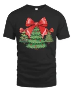 Cute Christmas Tree Bow Tee Festive Holiday Family Tshirt - black t-shirt on white background