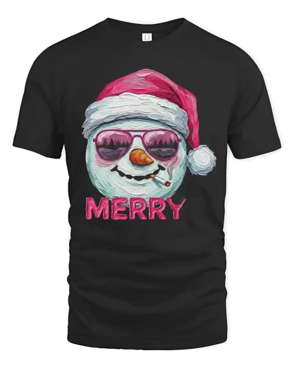 Funny Merry Snowman Tee with Santa Hat Cool Holiday Tshirt - black t-shirt on white background
