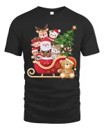 Cute Santa Sleigh Friends Tee Christmas Characters Holiday Tshirt - black t-shirt on white background