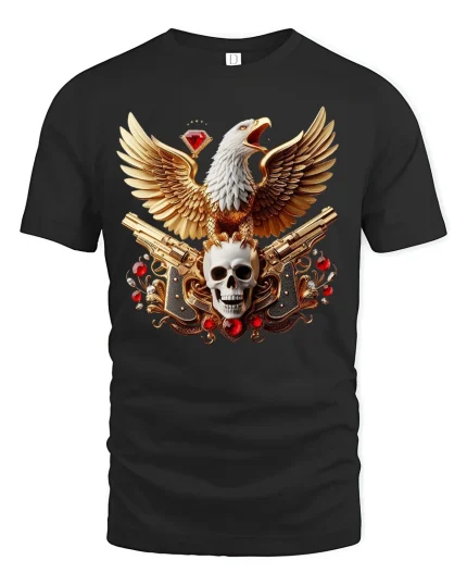 Golden Eagle Skull Guns Graphic Tee Bold Patriot Style T-Shirt - black t-shirt on white background