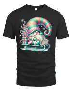 Cute Christmas Gnome Sledding Graphic Tee Festive Holiday T-Shirt - black t-shirt on white background