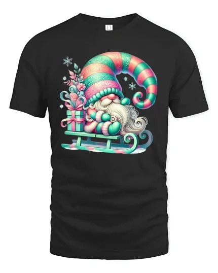 Cute Christmas Gnome Sledding Graphic Tee Festive Holiday T-Shirt - black t-shirt on white background