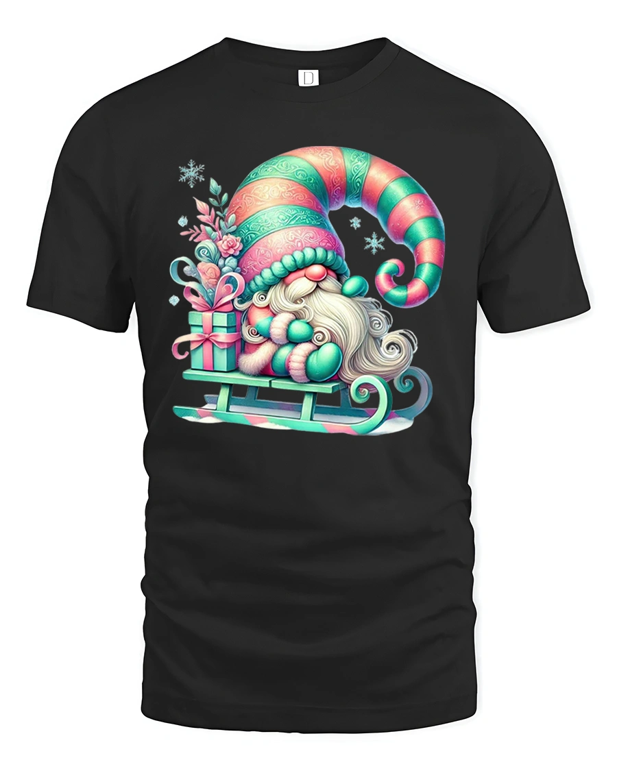 Cute Christmas Gnome Sledding Graphic Tee Festive Holiday T-Shirt - 1 Cute Christmas Gnome Sledding Graphic Tee Festive Holiday T-Shirt - black t-shirt on white background