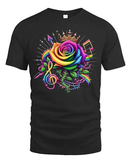 Rainbow Rose Music Crown Tee Vibrant Artistic Musical T-Shirt - black t-shirt on white background