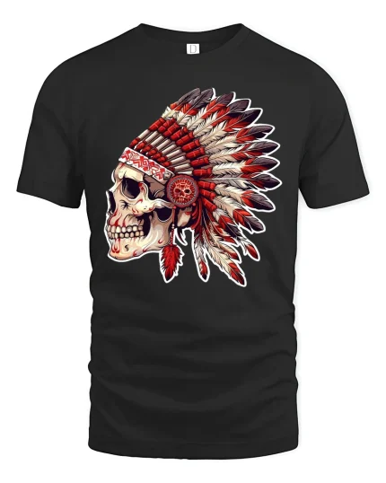 Feathered Headdress Skull Art Tee Bold Tribal Style T-Shirt - black t-shirt on white background