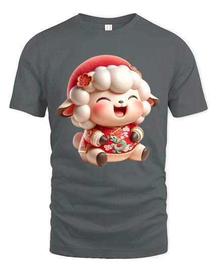 Cute Festive Lamb Graphic Tee Lucky Holiday Cartoon T-Shirt - gray t-shirt on white background
