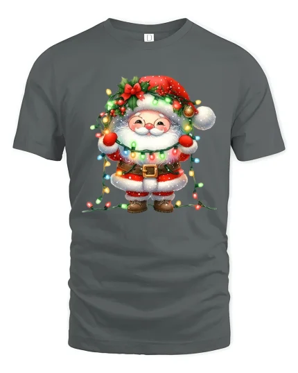 Cute Santa Christmas Lights Tee Adorable Holiday Graphic T-Shirt - gray t-shirt on white background