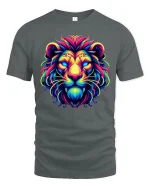Neon Tribal Lion Tee Vibrant Colorful King of Jungle Tshirt - gray t-shirt on white background