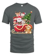 Cute Santa Sleigh Friends Tee Christmas Characters Holiday Tshirt - gray t-shirt on white background