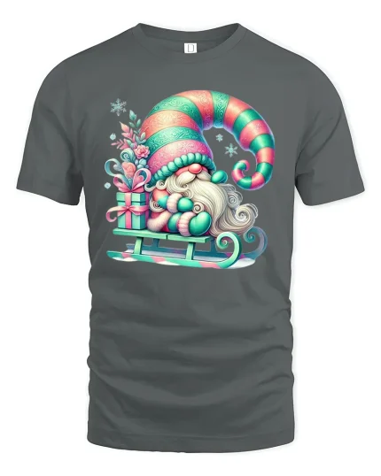 Cute Christmas Gnome Sledding Graphic Tee Festive Holiday T-Shirt - gray t-shirt on white background
