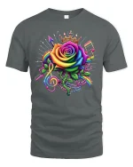 Rainbow Rose Music Crown Tee Vibrant Artistic Musical T-Shirt - gray t-shirt on white background