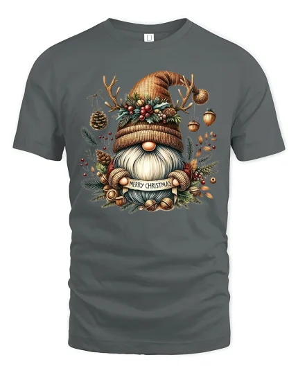 Rustic Christmas Gnome Antler Hat Tee Cozy Holiday T-Shirt - gray t-shirt on white background