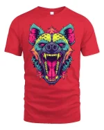 Neon Roaring Hyena Tee Wild Colorful Animal Art Tshirt - red t-shirt on white background