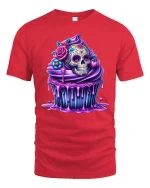 Sugar Skull Cupcake Tee Colorful Sweet Day of the Dead Tshirt - red t-shirt on white background