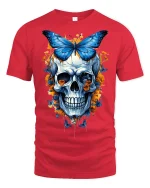Blue Butterfly Skull Tee Floral Gothic Art Graphic Tshirt - red t-shirt on white background
