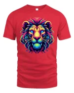 Neon Tribal Lion Tee Vibrant Colorful King of Jungle Tshirt - red t-shirt on white background