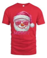 Funny Merry Snowman Tee with Santa Hat Cool Holiday Tshirt - red t-shirt on white background