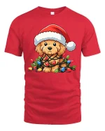 Cute Christmas Puppy Lights Tee Funny Holiday Dog Lover Tshirt - red t-shirt on white background